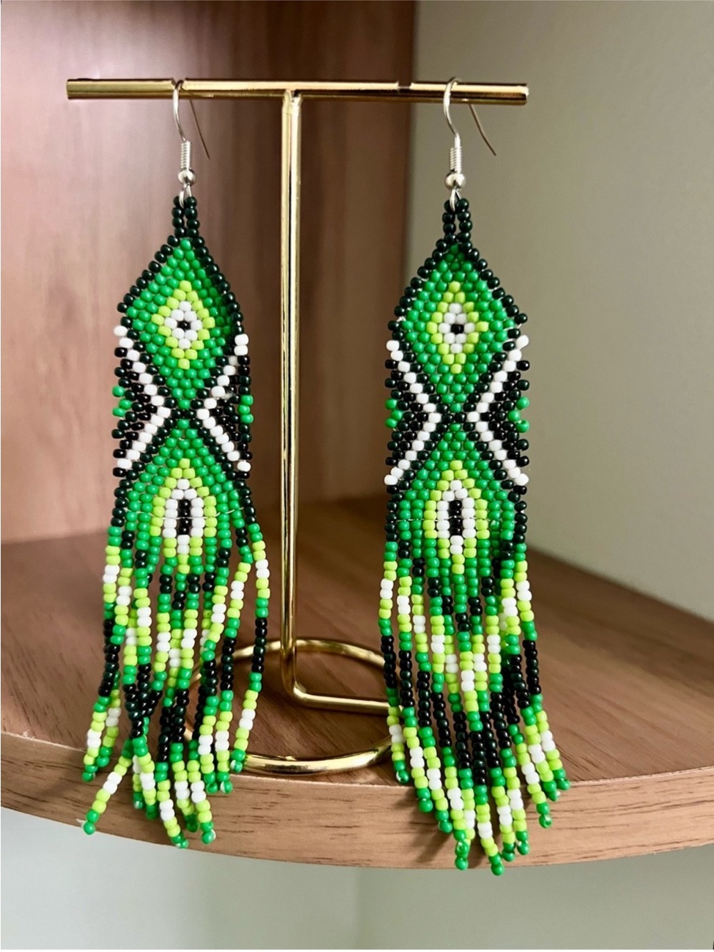 Vibrant Geometric Chartreuse and Forest Green Beaded Earrings